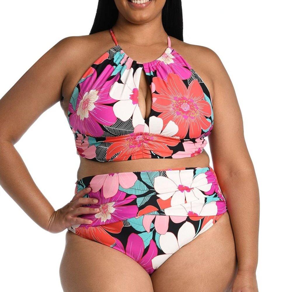 La Blanca Womens High Neck Midkini Swimsuit Bikini Top, Multi in Full Bloom, 18